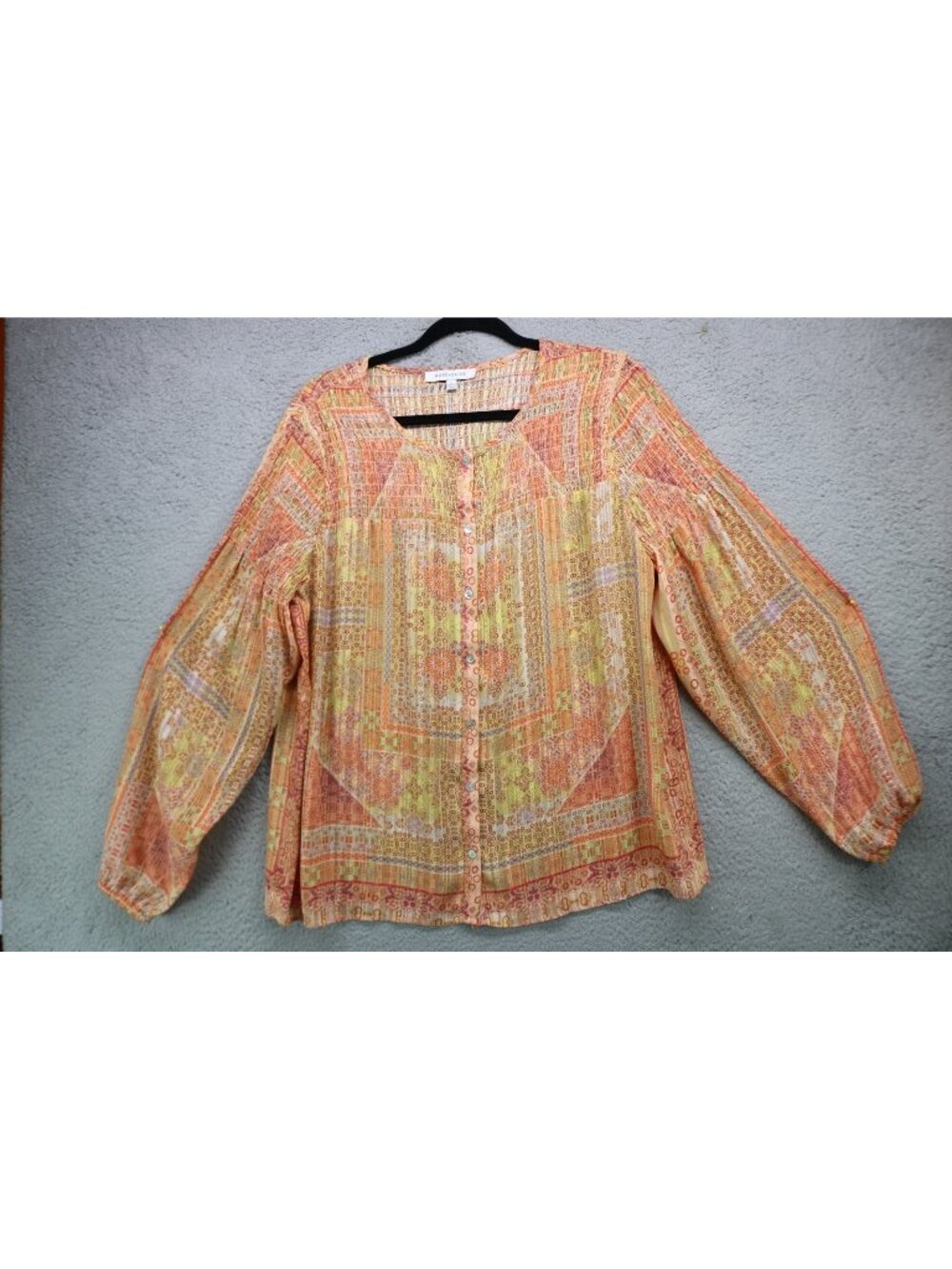 Rose & Olive Long Balloon Sleeve Smocked Button Up Silky Tunic-Large-Office